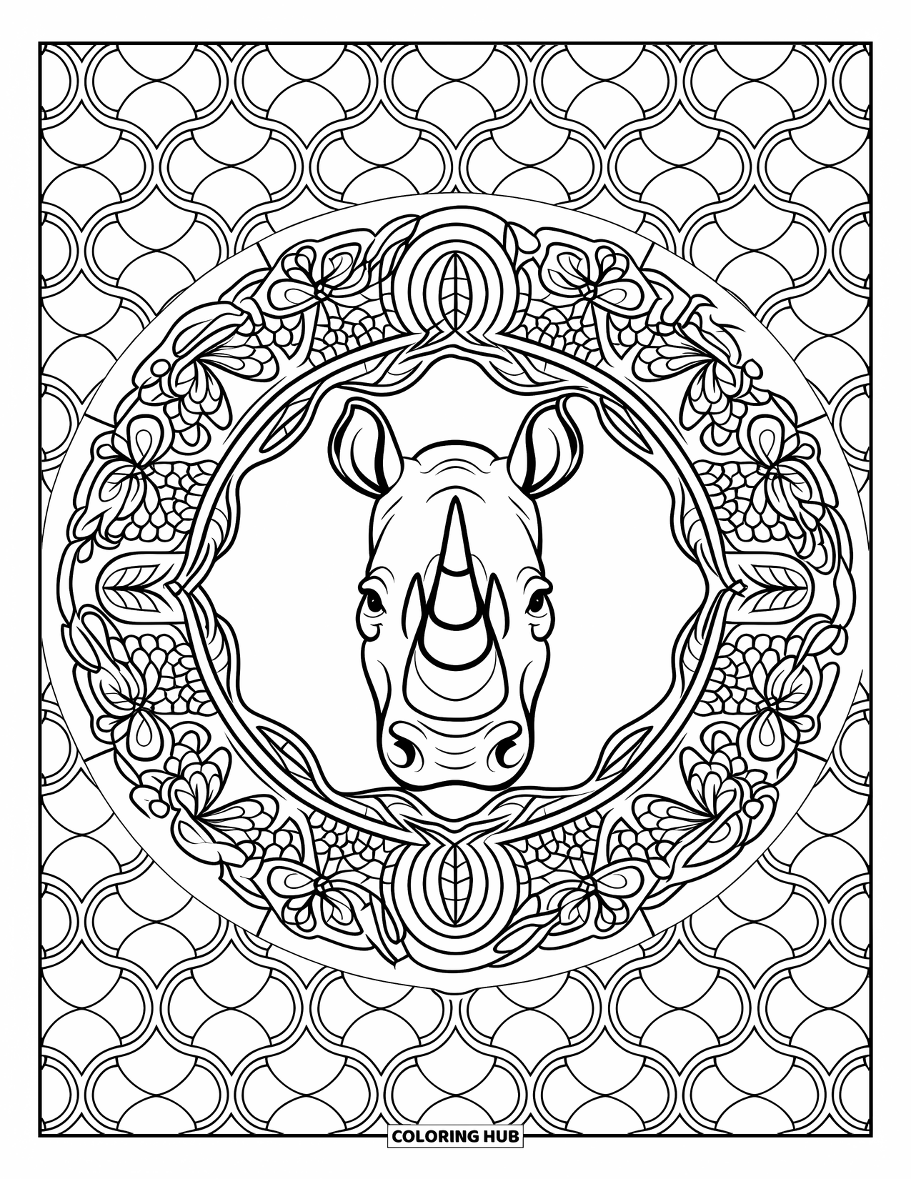 Zoo Animals Coloring Page for Adults: A rhino framed by twirling plants and flowers stands in a patterned mandala