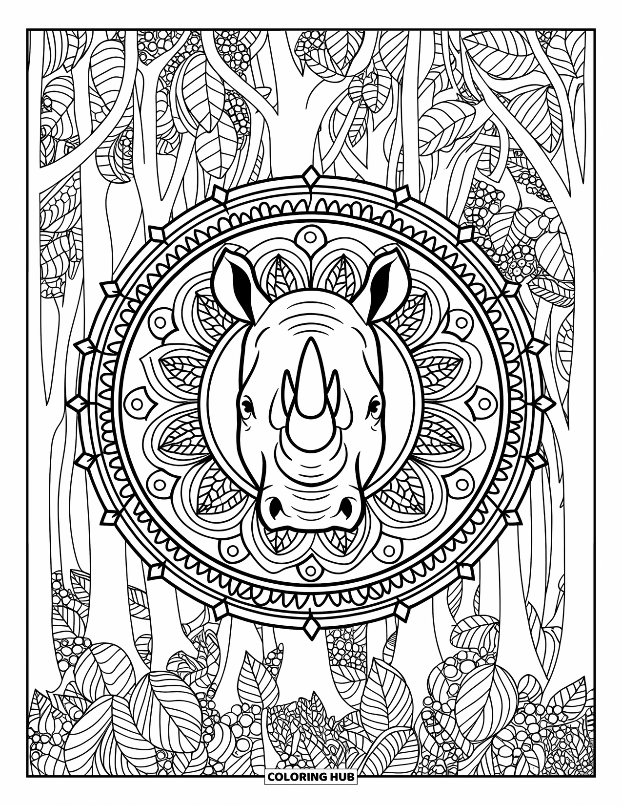 Zoo Animals Coloring Page for Adults: A rhino surrounded by leaves and vines stands within a detailed mandala