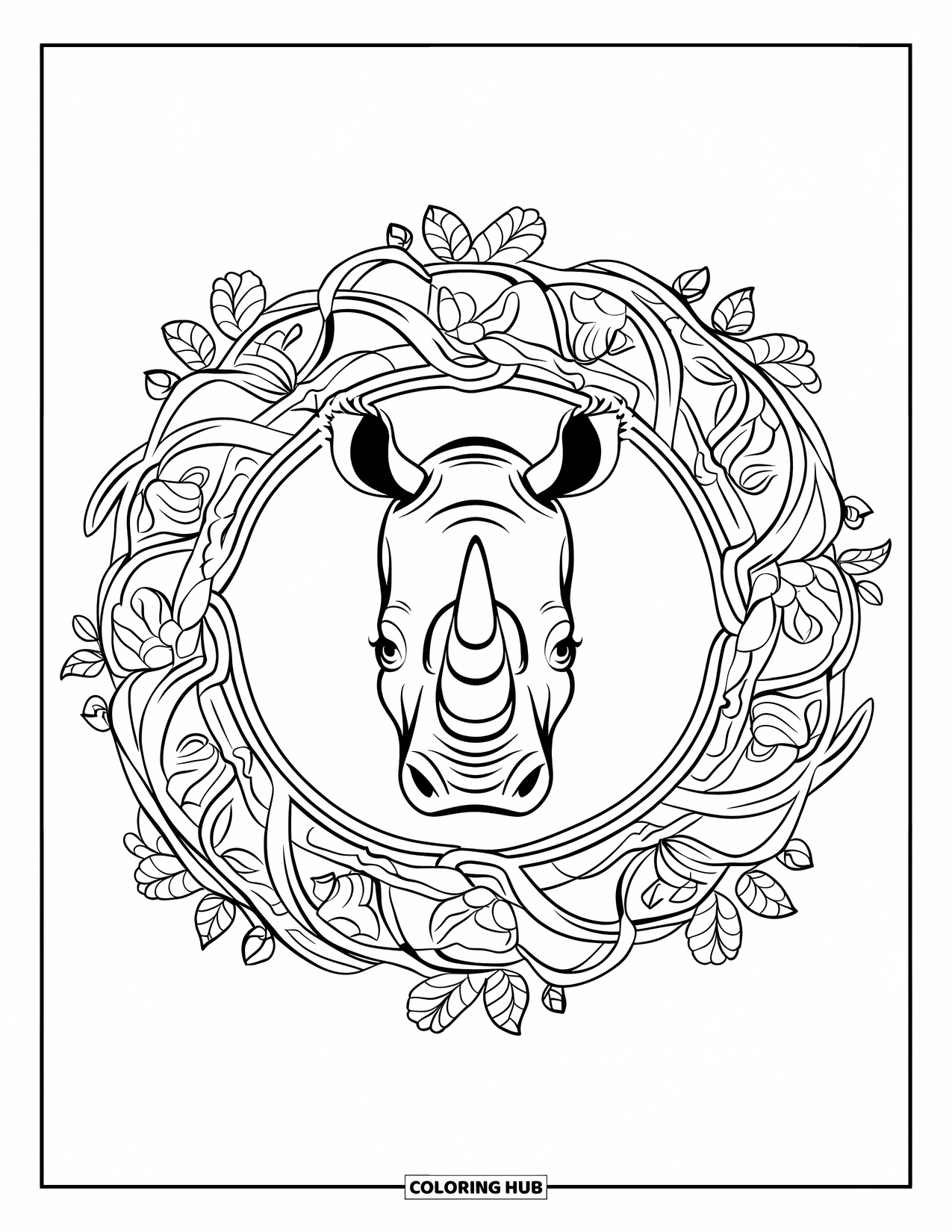 Zoo Animals Coloring Page for Adults: A rhino's face rests inside a circular frame of vines and flowers