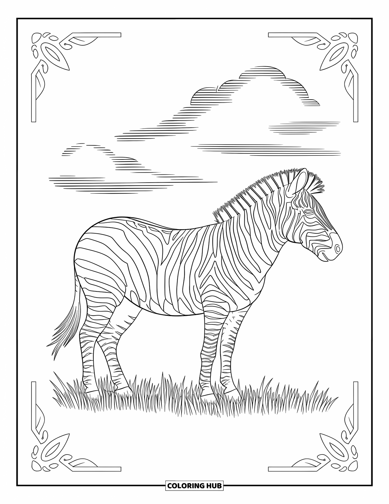 Zoo Animals Coloring Page for Adults: A striped zebra stands under a bright sky framed with artistic borders