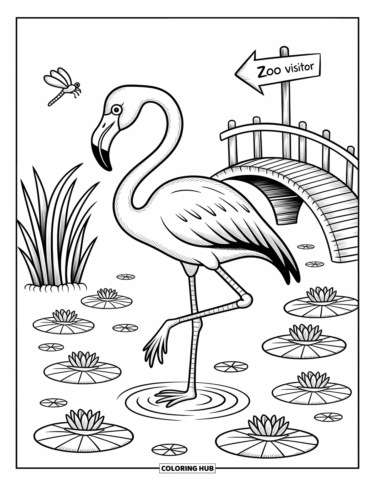 Zoo Animals Coloring Page for Adults: A tall flamingo watches a dragonfly above a pond filled with frogs and reeds