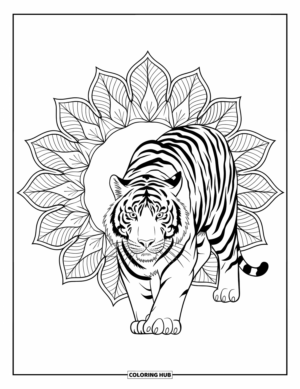 Zoo Animals Coloring Page for Adults: A tiger prowls through leaves framed by a patterned mandala