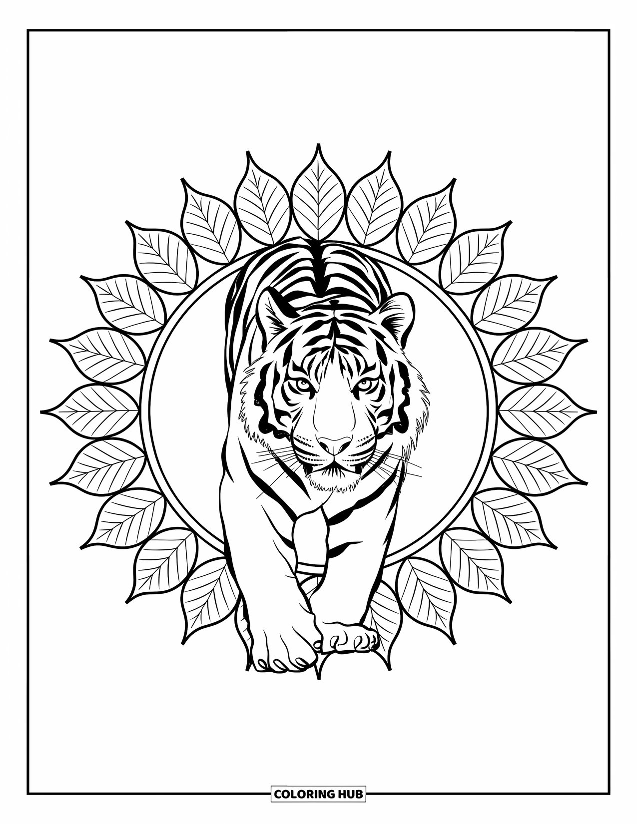Zoo Animals Coloring Page for Adults: A tiger walks boldly toward the viewer within a circular leaf mandala