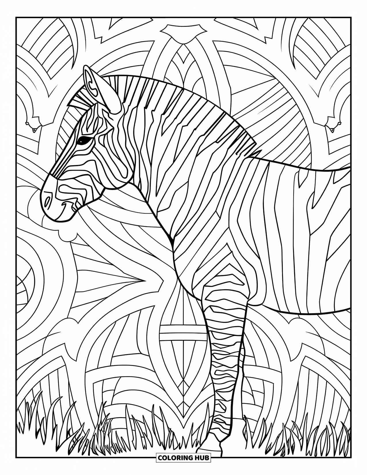 Zoo Animals Coloring Page for Adults: A zebra grazes on the grass before a detailed ornamental background