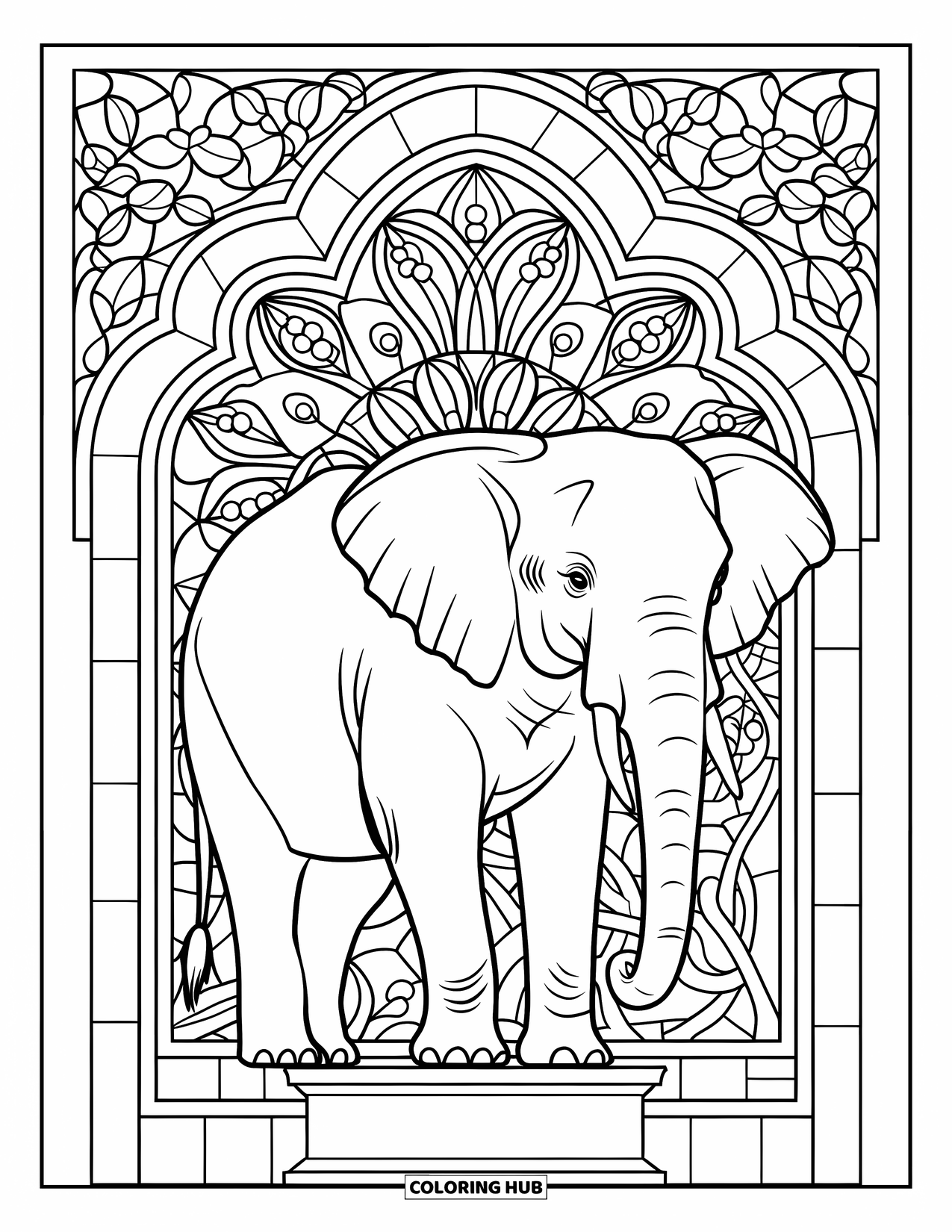 Zoo Animals Coloring Page for Adults: An elephant stands on stone surrounded by detailed floral designs