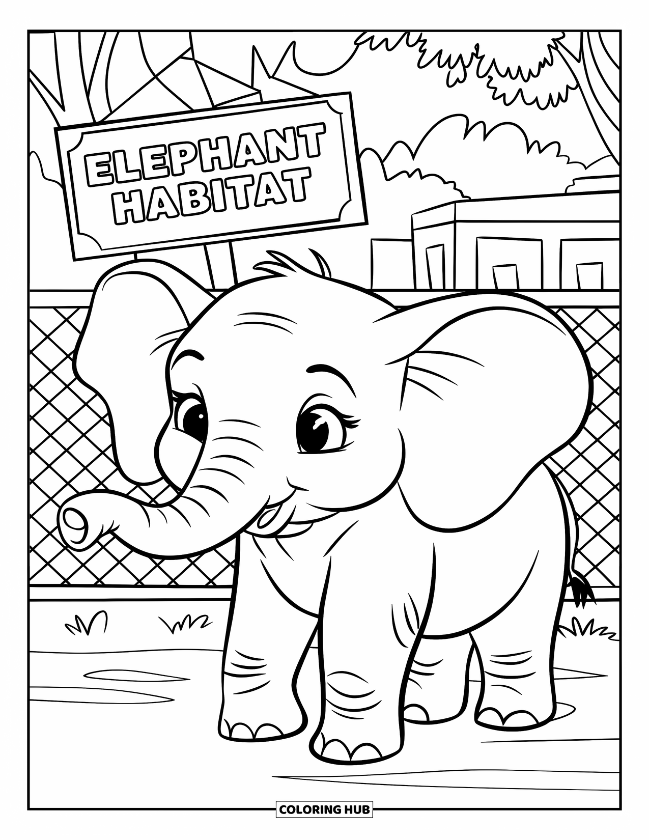 Zoo Animals Coloring Page for Kids: A baby elephant waves its trunk near the "Elephant Habitat" fence