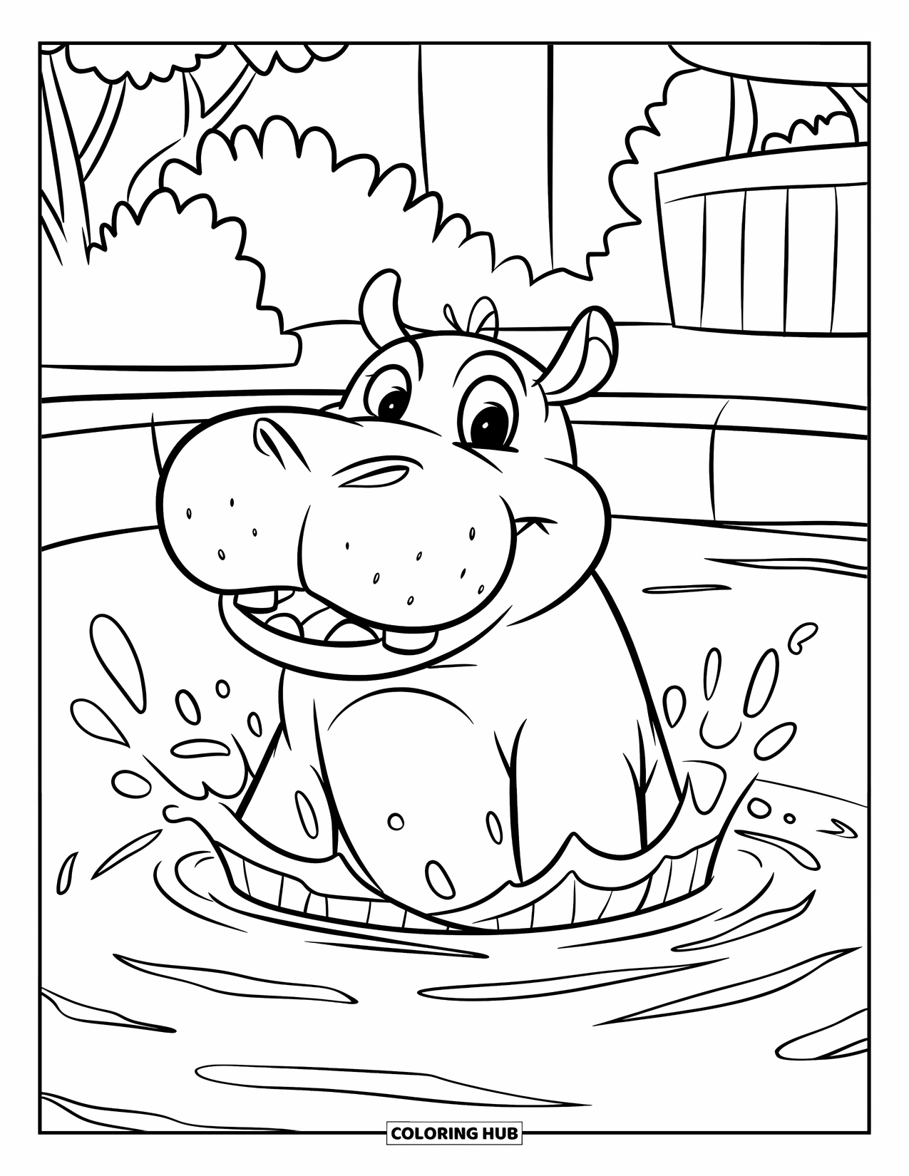 Zoo Animals Coloring Page for Kids: A cheerful hippo rises from the water, flapping its ears