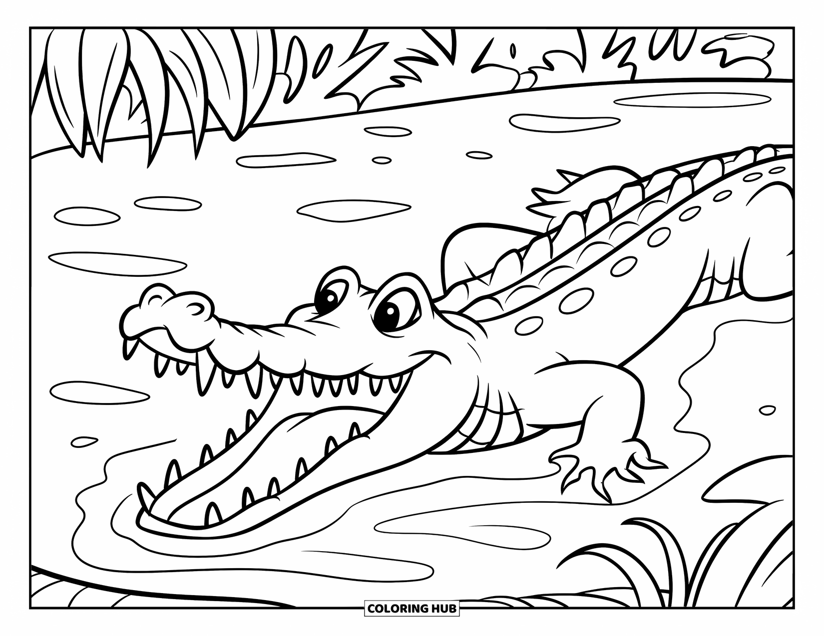 Zoo Animals Coloring Page for Kids: A crocodile grins in the swamp, showing sharp teeth and bright eyes