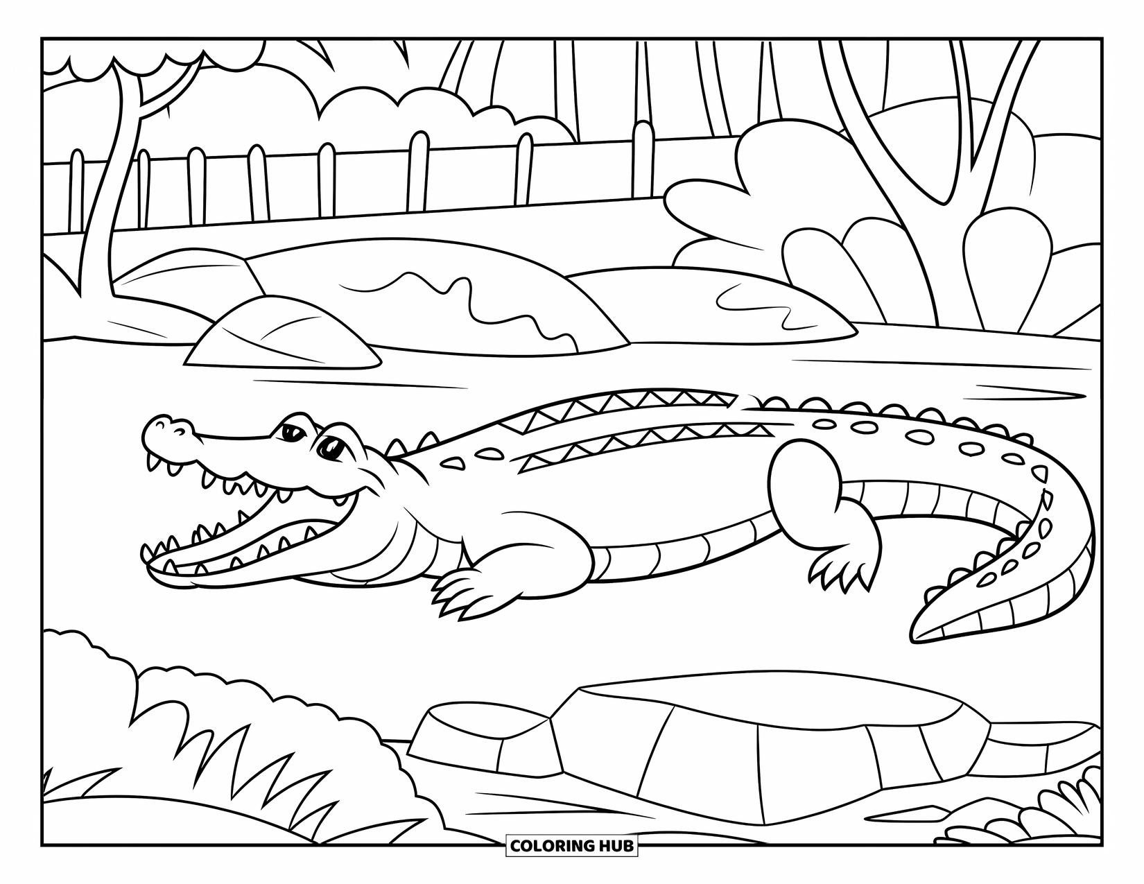 Zoo Animals Coloring Page for Kids: A crocodile suns itself by the water surrounded by tall trees