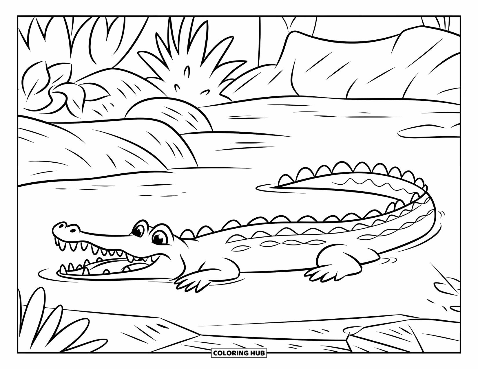 Zoo Animals Coloring Page for Kids: A fierce crocodile rests in the swamp with its mouth open wide