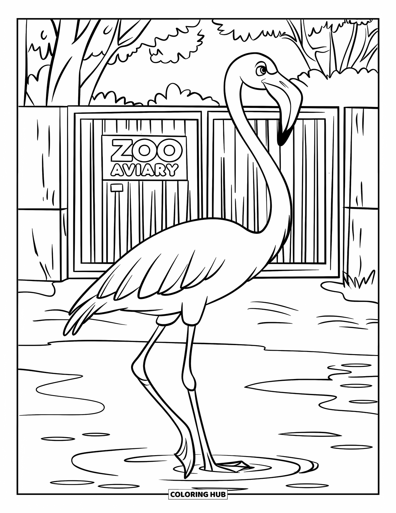 Zoo Animals Coloring Page for Kids: A flamingo strolls through shallow water near the aviary gate