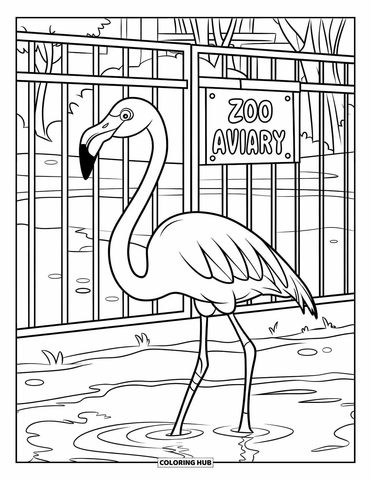 Zoo Animals Coloring Page for Kids: A flamingo with long legs walks gracefully by the aviary gate