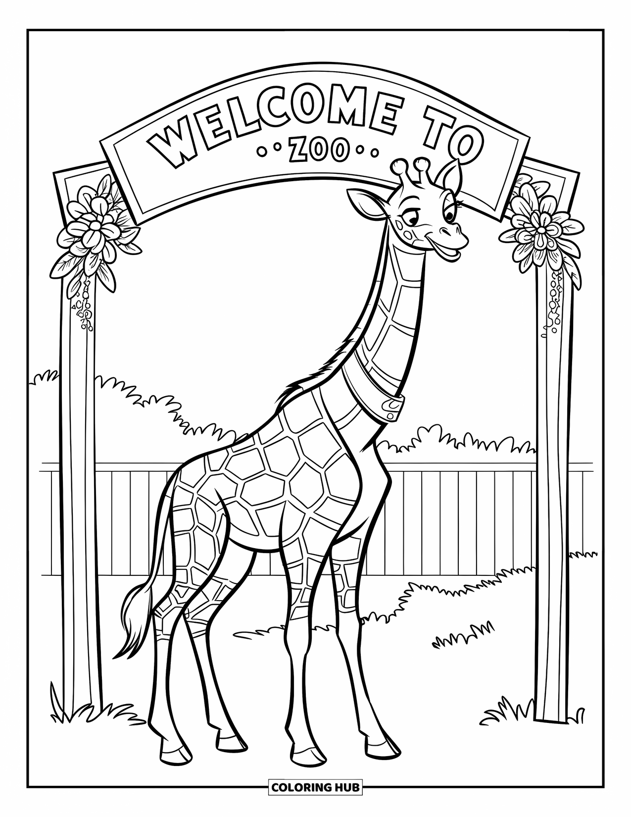 Zoo Animals Coloring Page for Kids: A happy giraffe stands beside a flowered "Welcome to the Zoo" arch