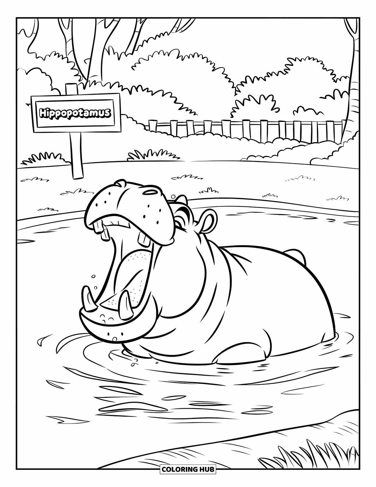 Zoo Animals Coloring Page for Kids: A hippopotamus yawns beside a wooden sign near the pond