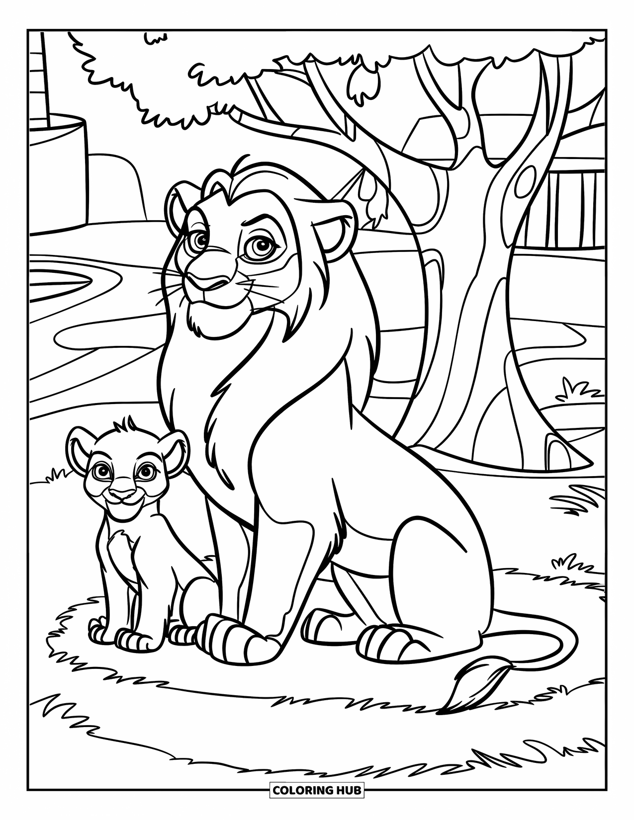 Zoo Animals Coloring Page for Kids: A lion and cub cuddle near a tree under the warm sun