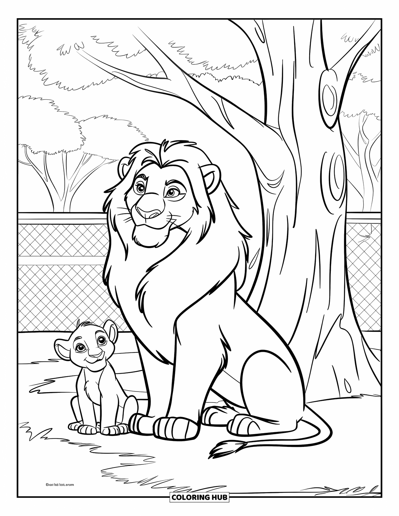 Zoo Animals Coloring Page for Kids: A lion and cub rest together under a shady tree in the zoo