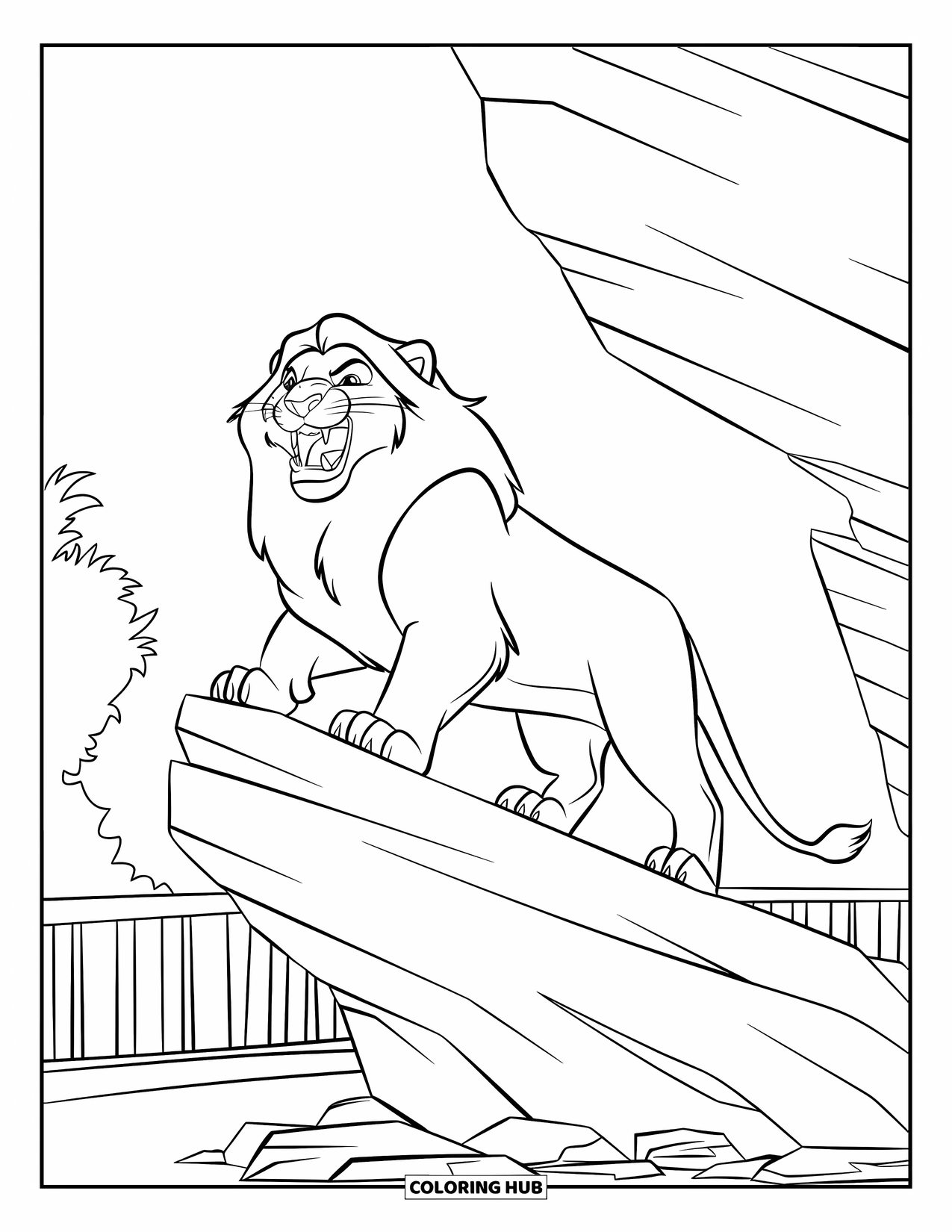 Zoo Animals Coloring Page for Kids: A lion roars proudly from a high rock surrounded by greenery