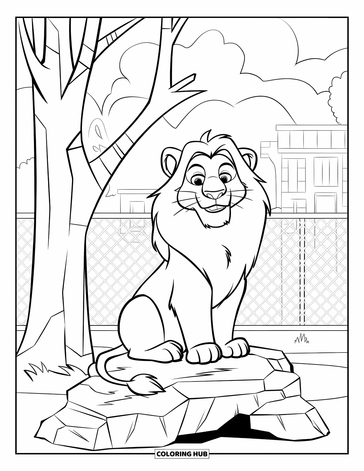 Zoo Animals Coloring Page for Kids: A lion sits tall on its rock beside a leafy tree