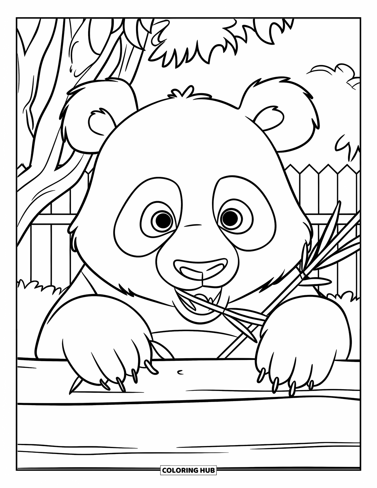Zoo Animals Coloring Page for Kids: A panda happily munches bamboo behind a small zoo wall
