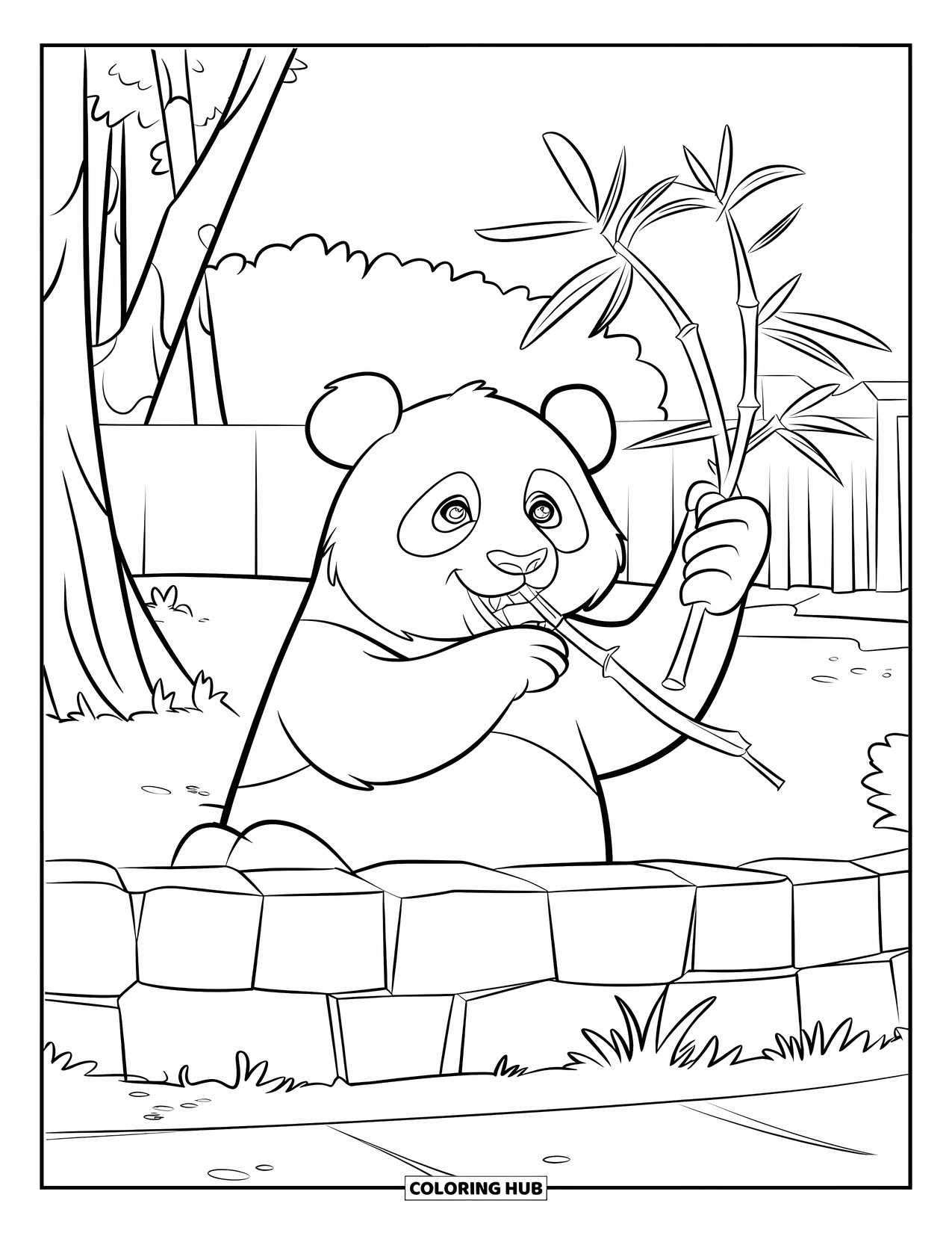 Zoo Animals Coloring Page for Kids: A panda reaches for bamboo near a rocky path and trees