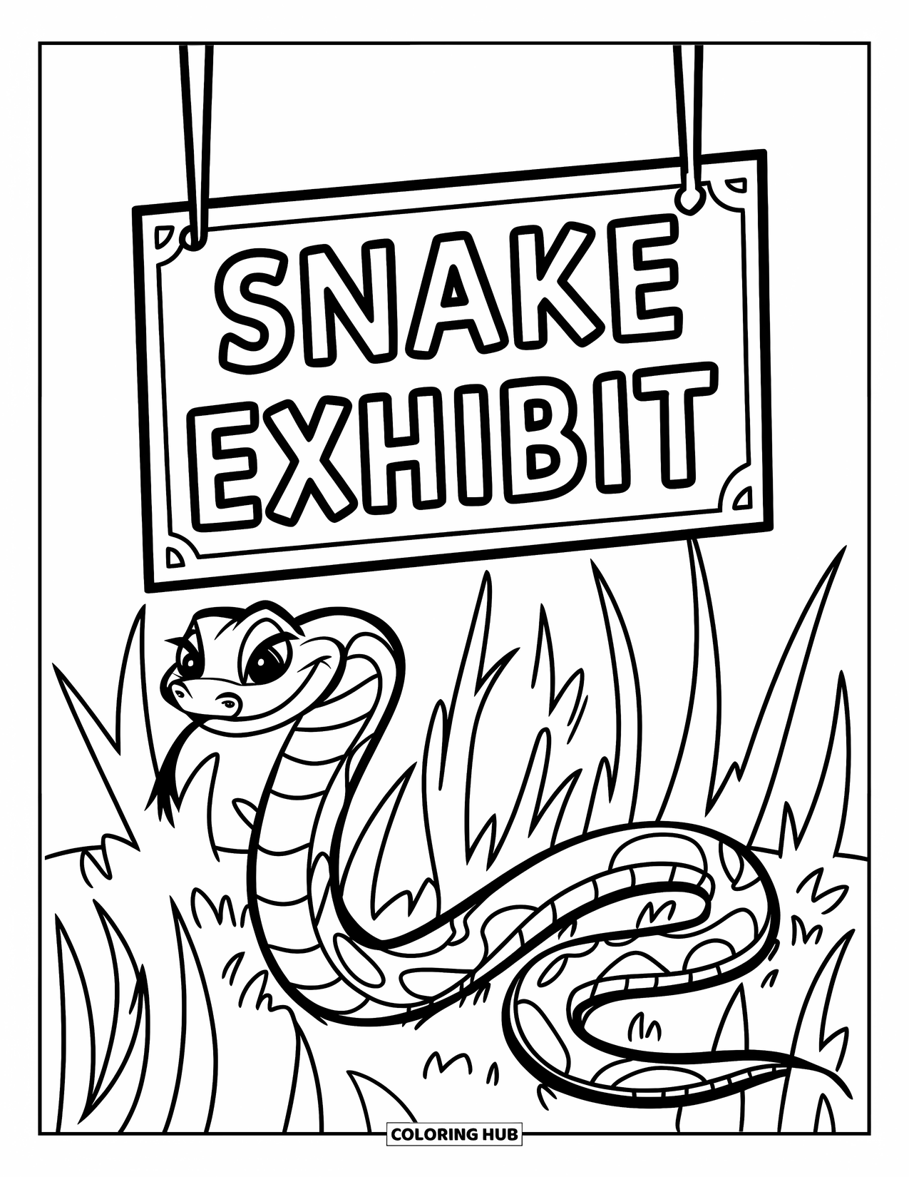 Zoo Animals Coloring Page for Kids: A patterned snake coils near a sign that reads "Snake Exhibit"