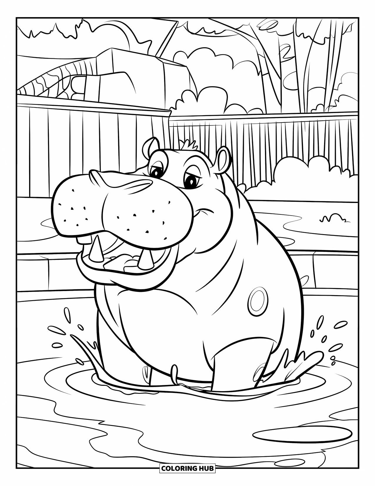 Zoo Animals Coloring Page for Kids: A playful hippo splashes in the zoo pool with a big smile