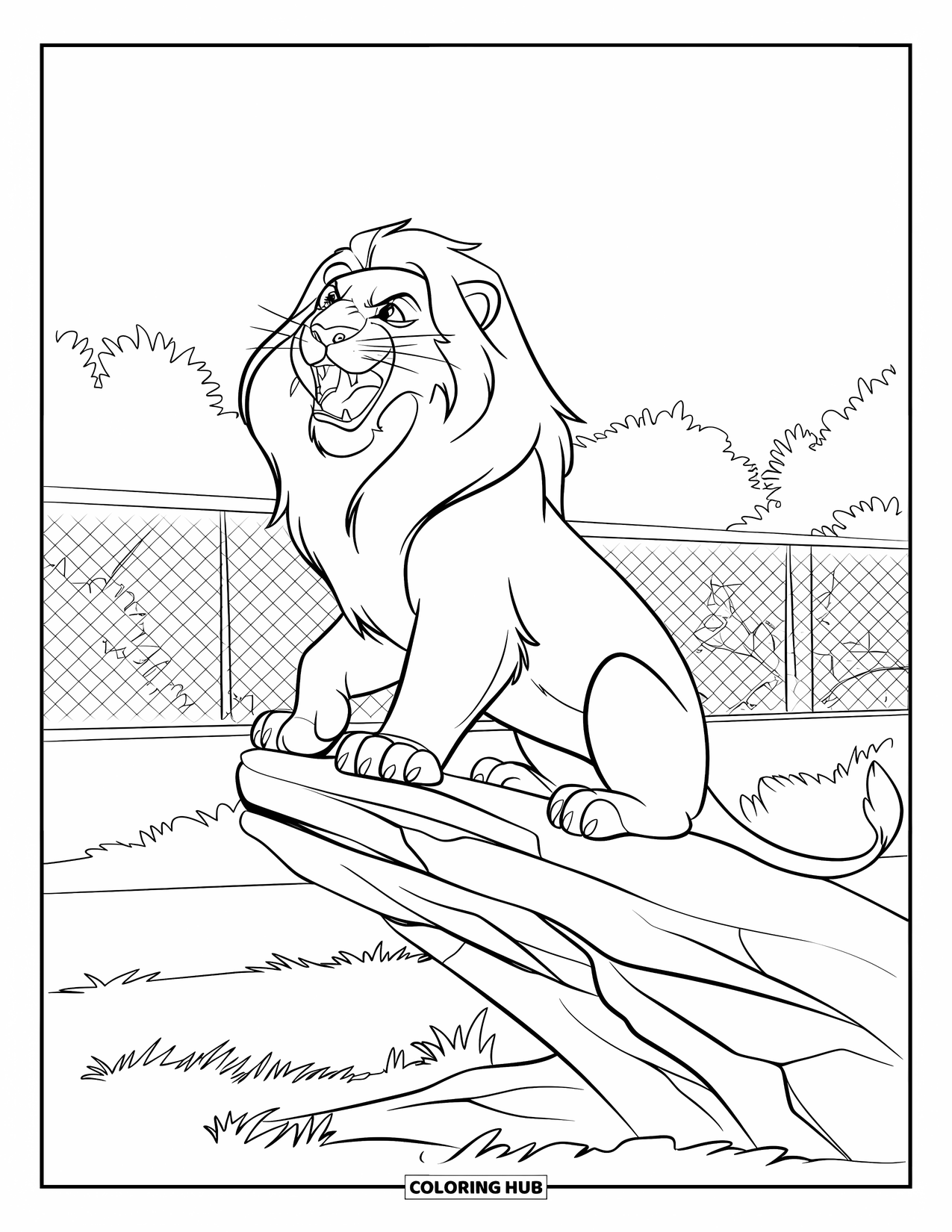 Zoo Animals Coloring Page for Kids: A powerful lion roars from a rocky perch in its enclosure