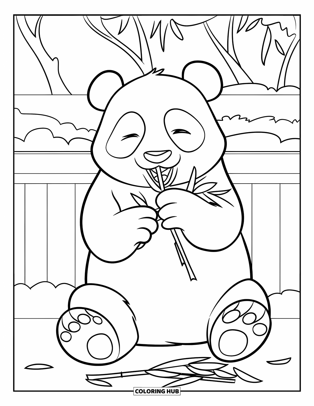 Zoo Animals Coloring Page for Kids: A sleepy panda enjoys bamboo while resting near a quiet wall