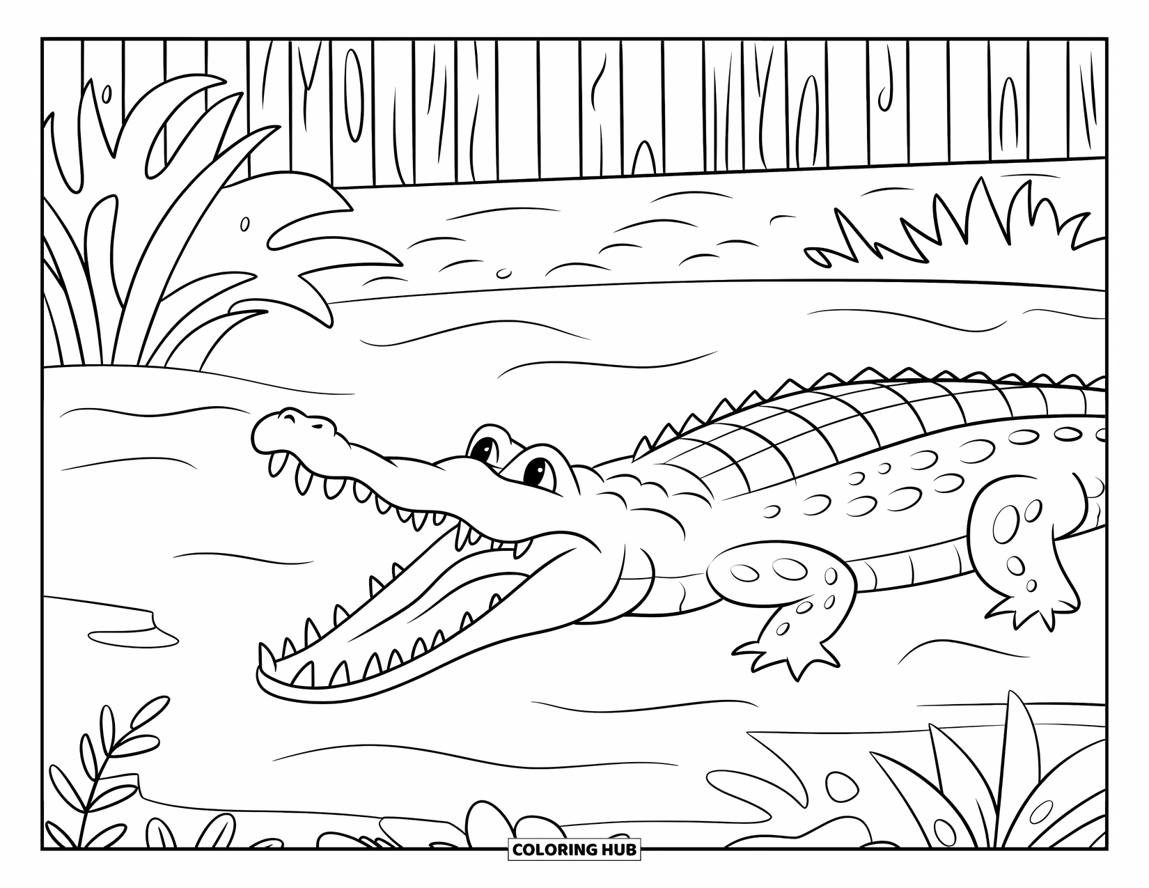 Zoo Animals Coloring Page for Kids: A smiling crocodile peeks from the swamp with sharp teeth showing