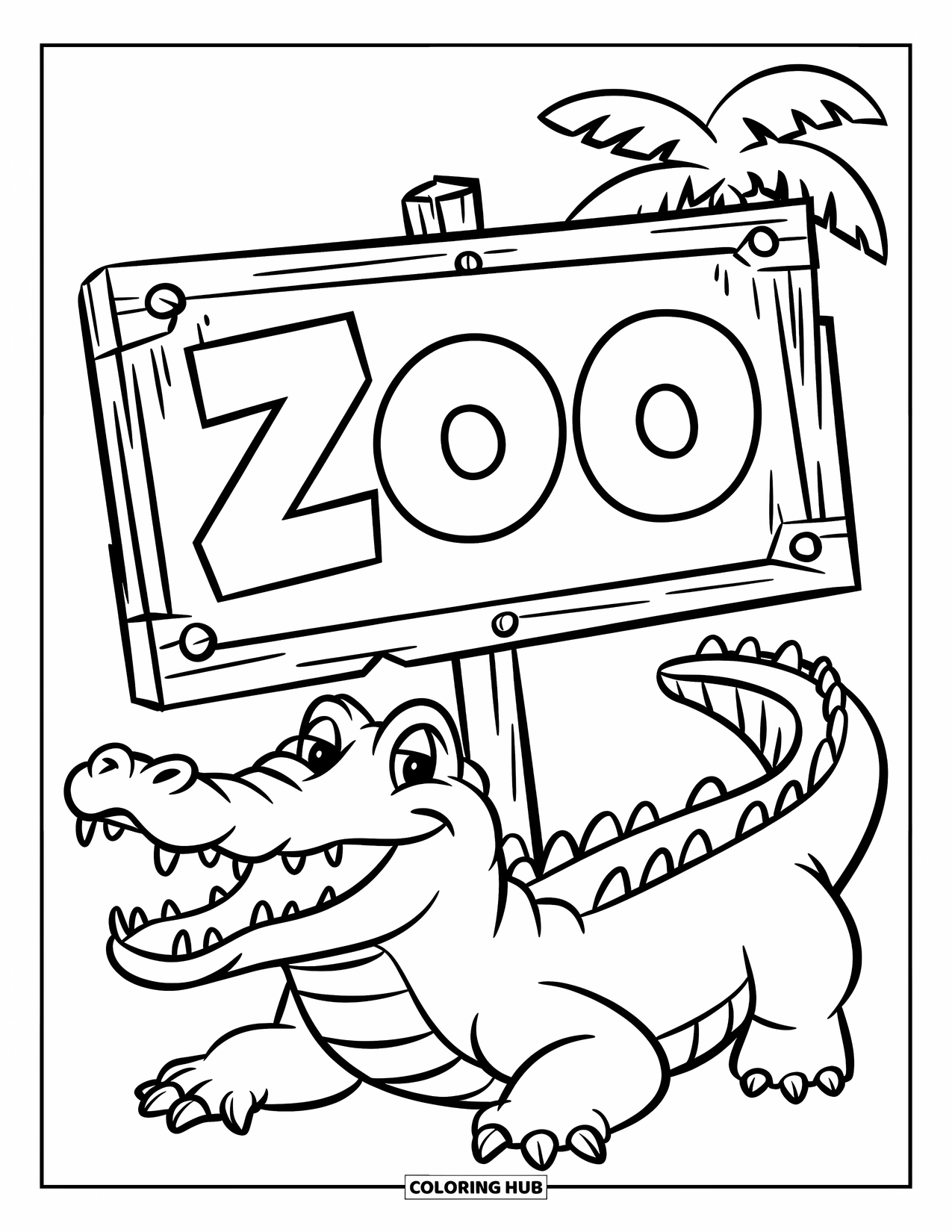 Zoo Animals Coloring Page for Kids: A smiling crocodile rests near a wooden sign and palm tree