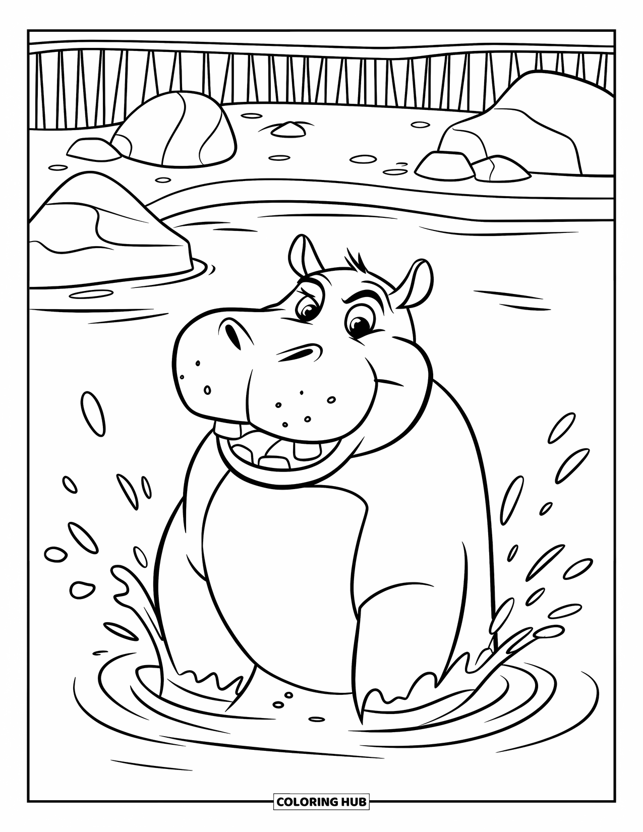 Zoo Animals Coloring Page for Kids: A smiling hippo splashes in the pool surrounded by rocks and trees