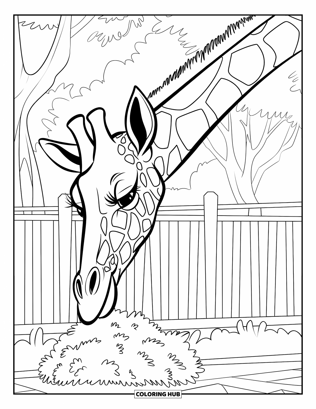 Zoo Animals Coloring Page for Kids: A tall giraffe bends down to nibble on a leafy bush