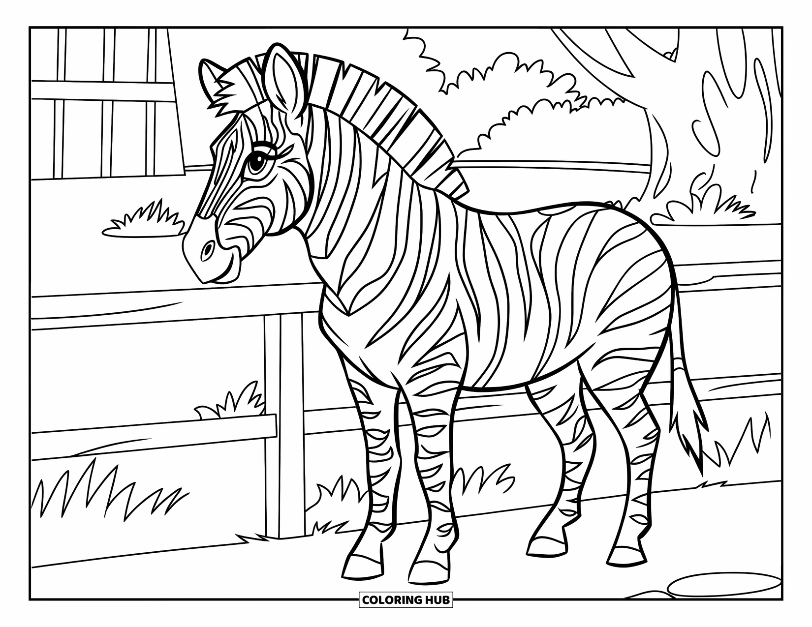 Zoo Animals Coloring Page for Kids: A zebra stands proudly by the fence under the warm sun