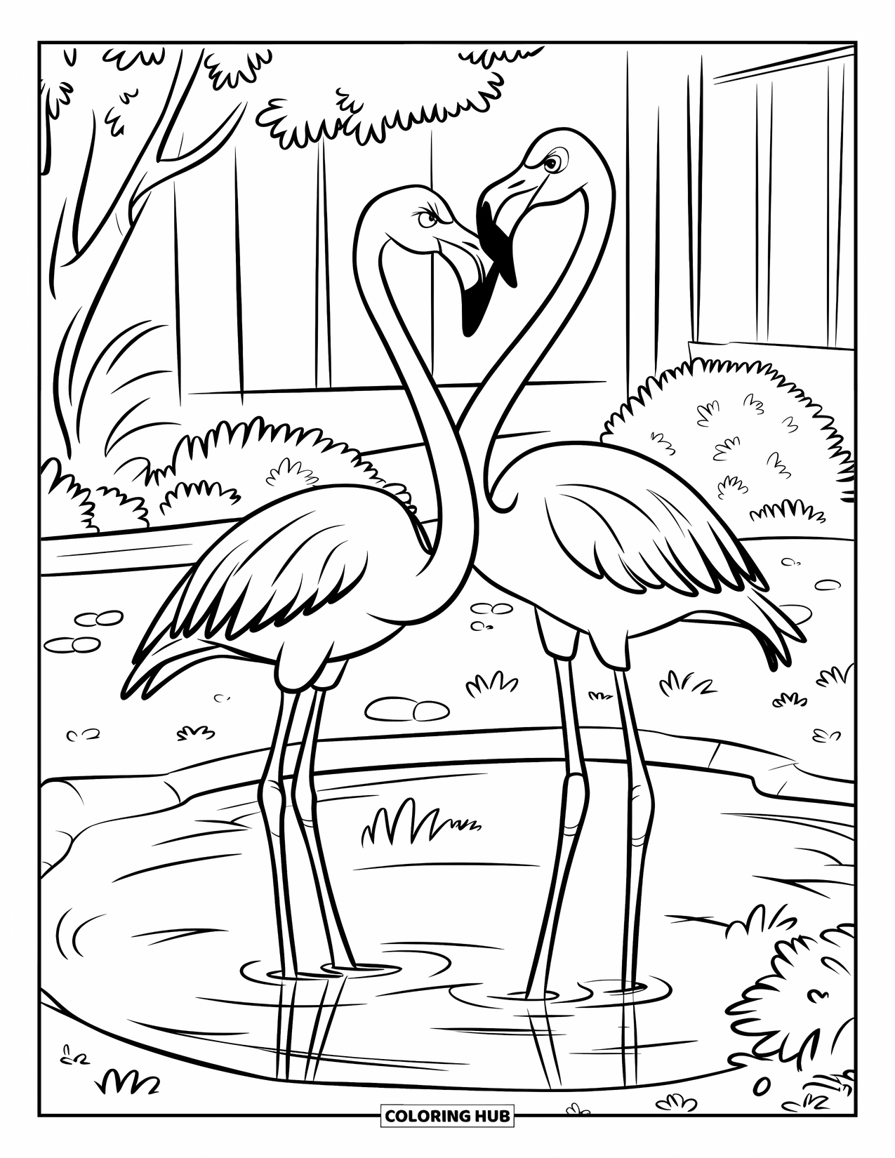 Zoo Animals Coloring Page for Kids: Two flamingos stretch their necks while standing in a muddy pond