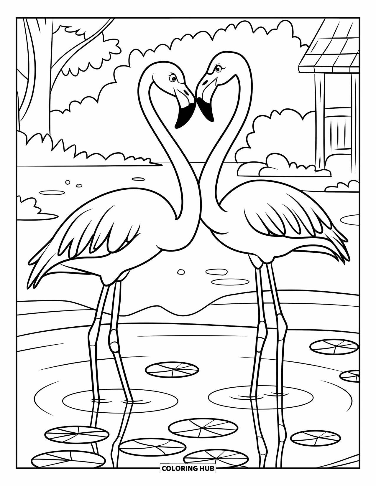Zoo Animals Coloring Page for Kids: Two flamingos wade gracefully in a pond filled with lily pads