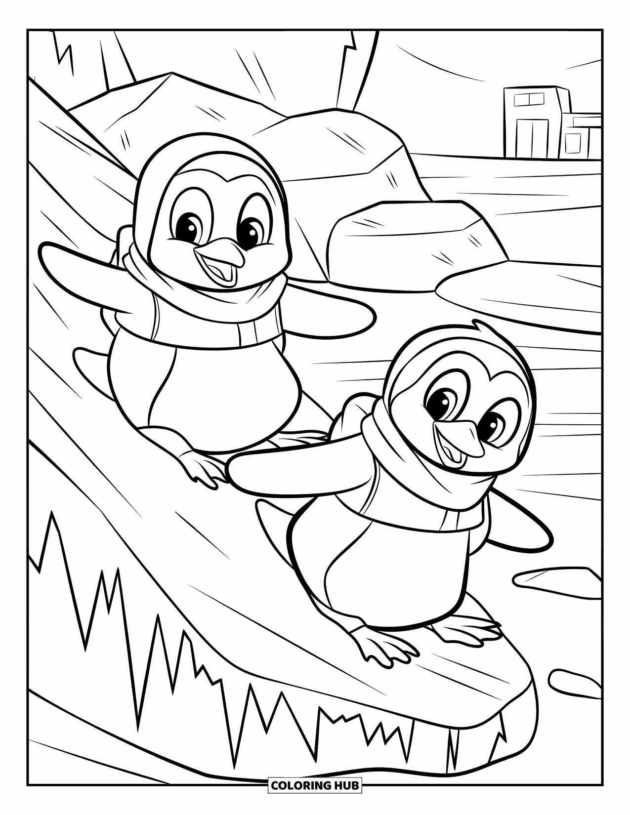 Zoo Animals Coloring Page for Kids: Two penguins wearing scarves slide down icy zoo rocks