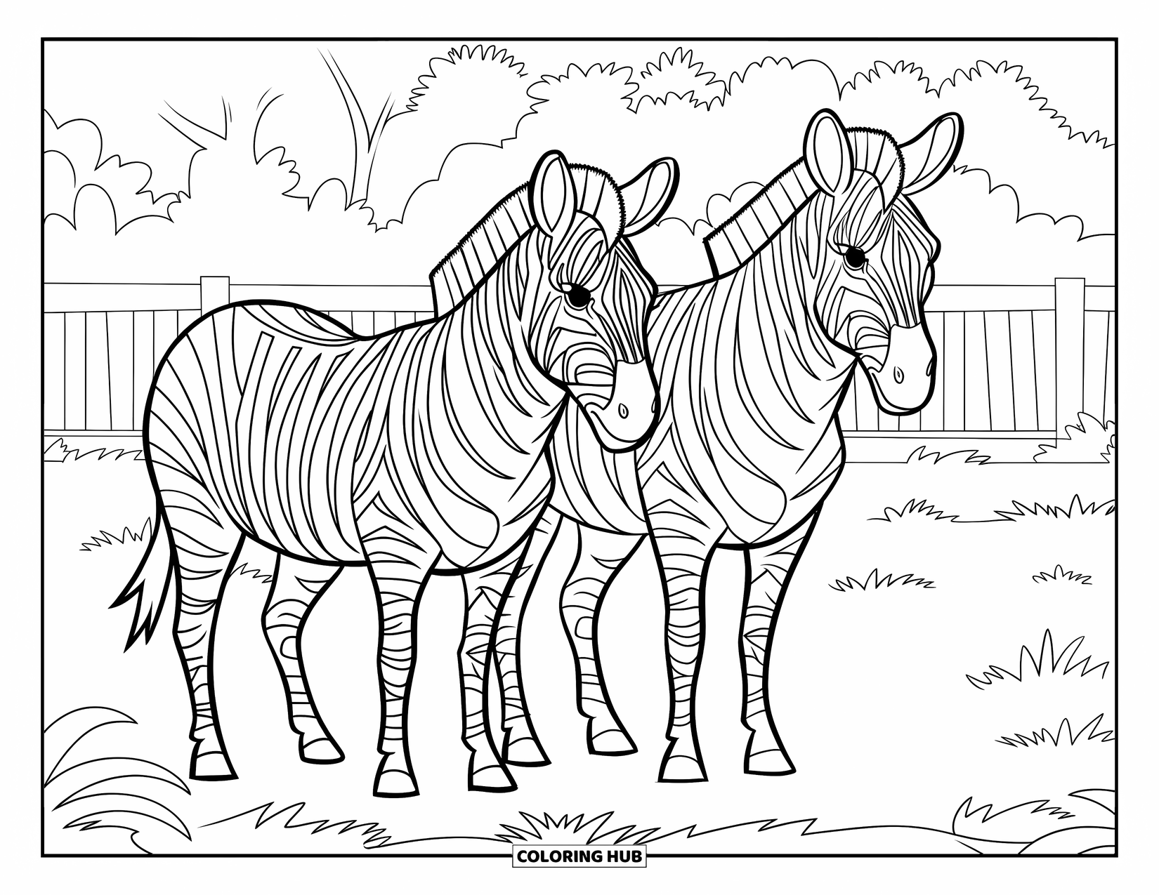 Zoo Animals Coloring Page for Kids: Two zebras rest in the grass near a wooden fence